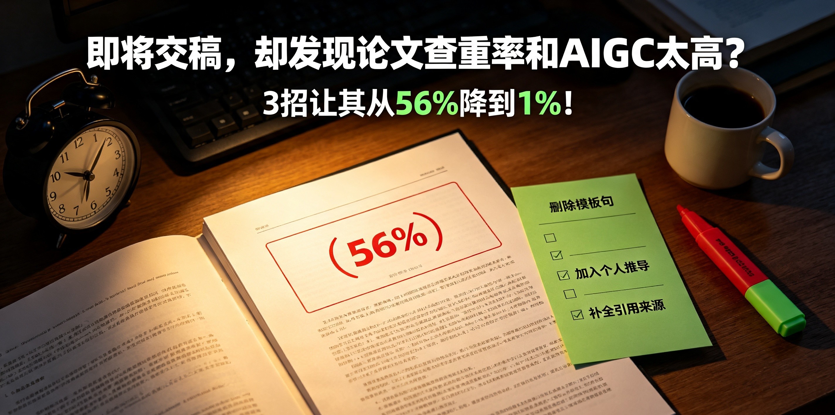 即将交稿，却发现论文查重率和AIGC率太高？三招让其从56%降到1%！
